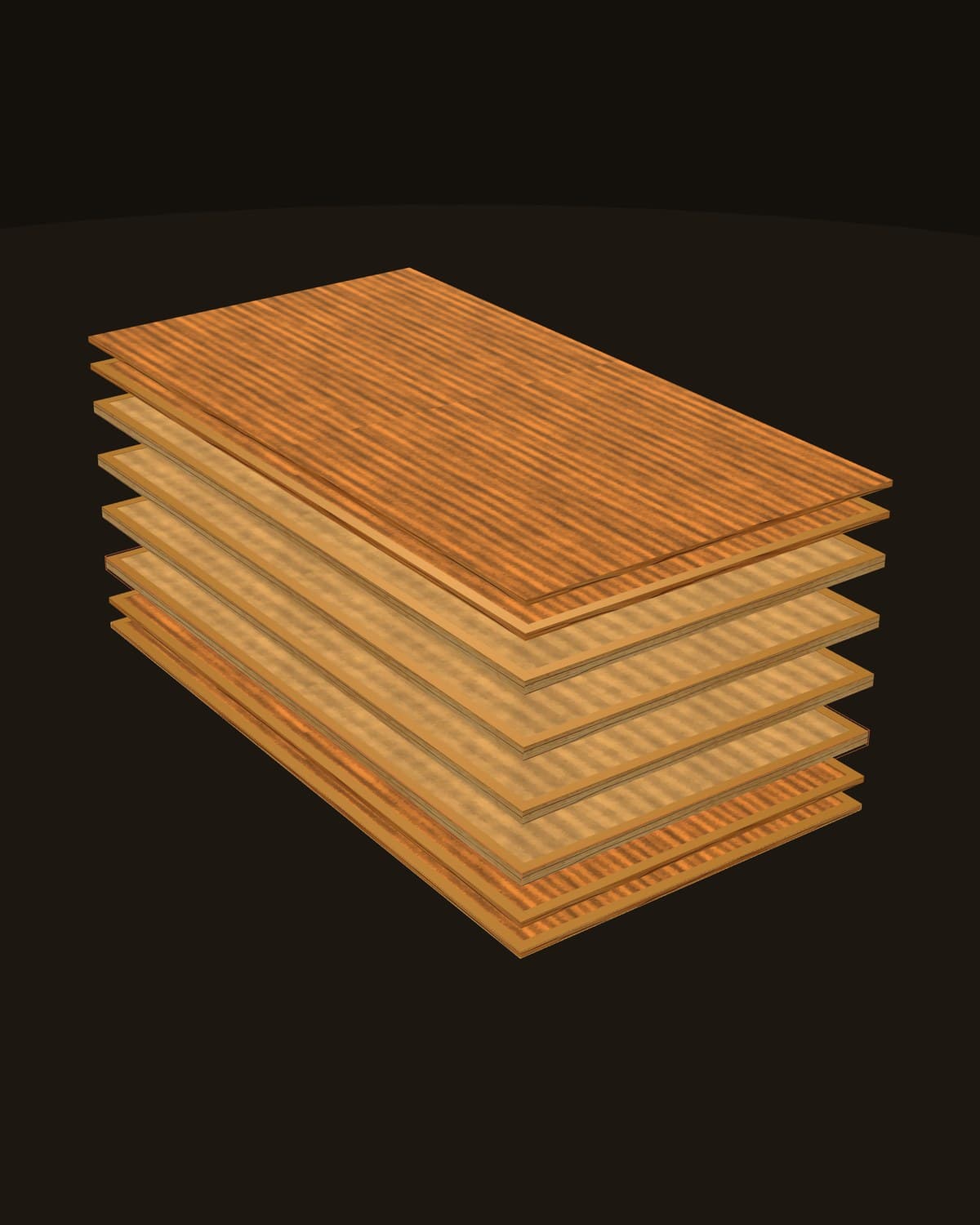 Eight-ply laminated veneer lumber stack shown exploded — Turkey oak faces over a hybrid poplar core