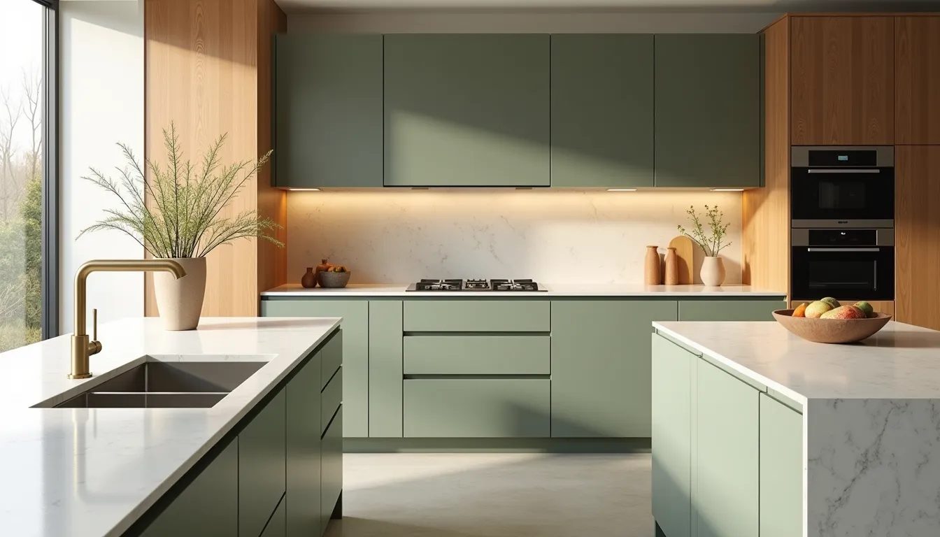 Sage green and oak kitchen concept