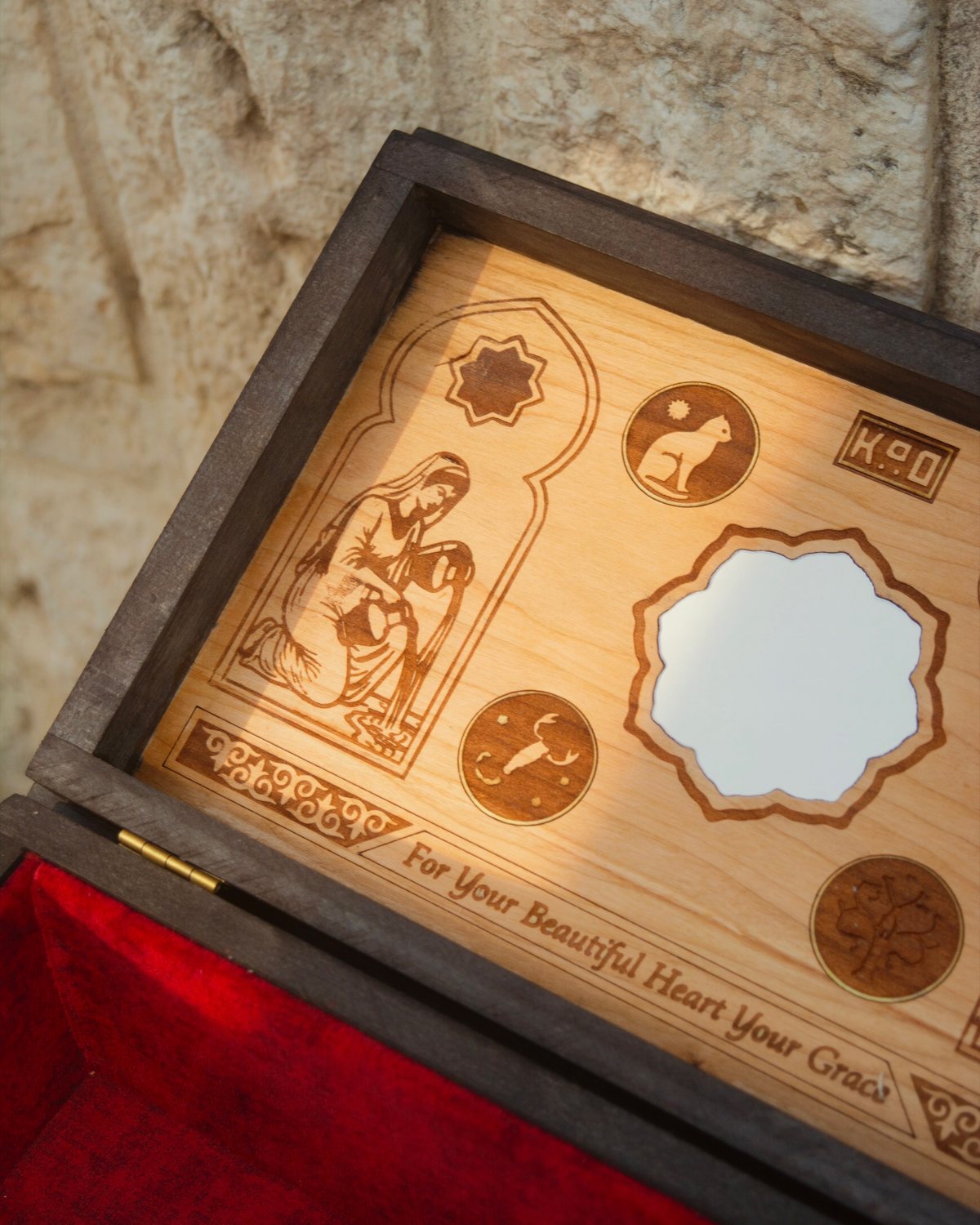 The engraved maple panel in sunlight
