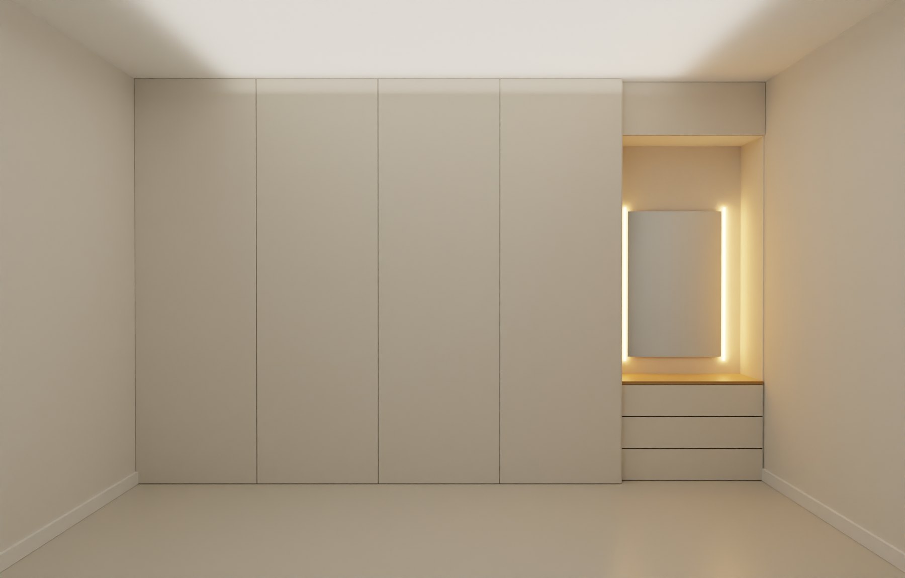 Girls' bedroom — wardrobe and lit dressing vanity, 4.70 m