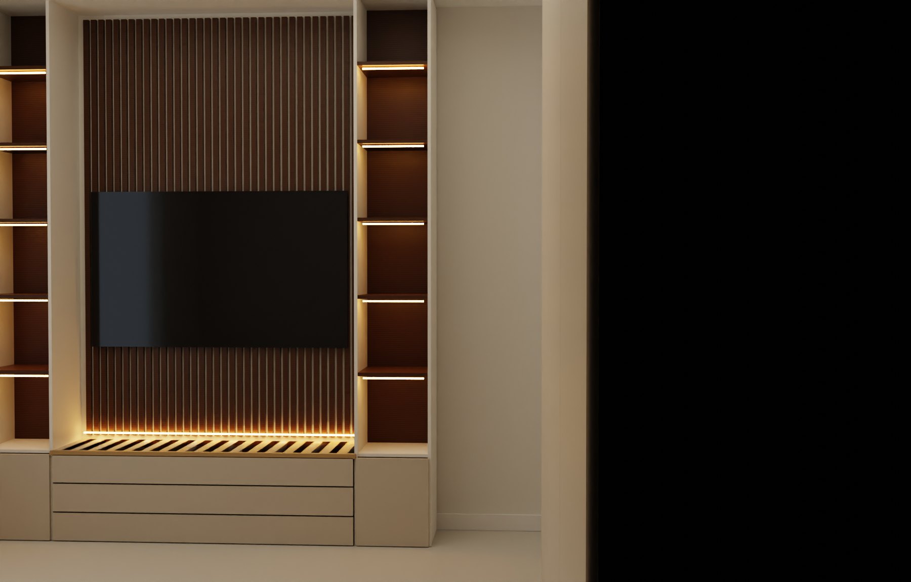 Master bedroom — TV cabinet with lit walnut shelving