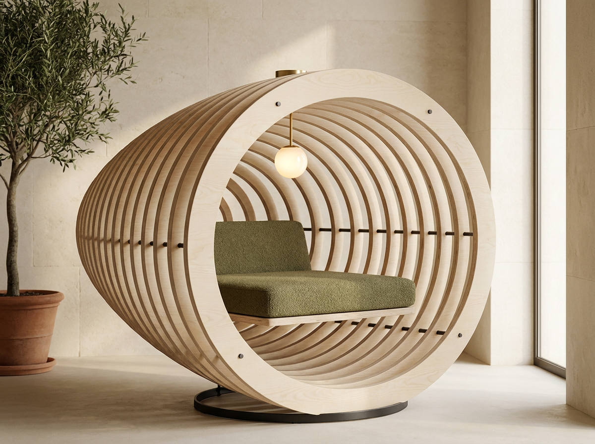 NAWAH pod at dusk with its brass reading light glowing inside